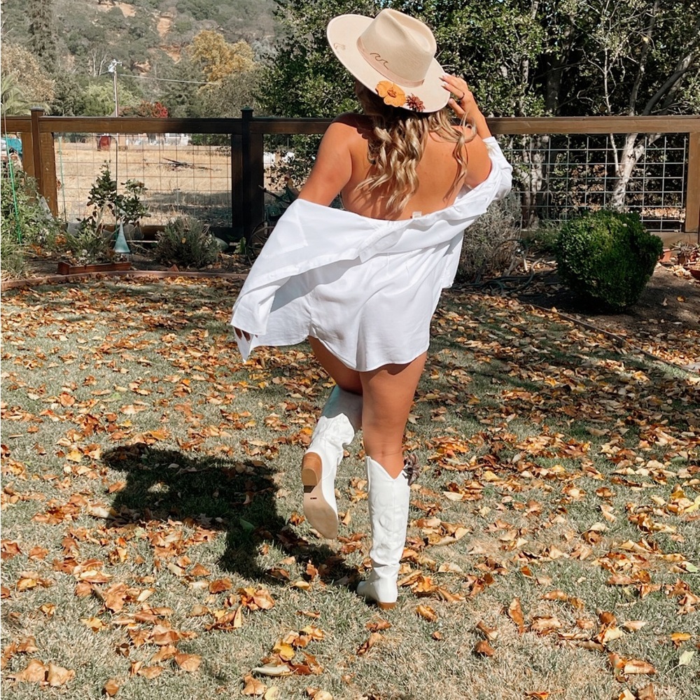 Handmade burned western cowgirl hat with leather flower embellishment
